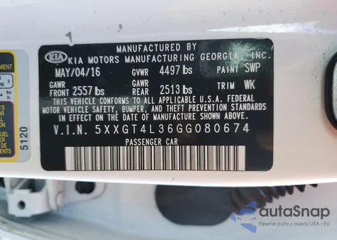 2016 Kia Optima Lx z USA, uszkodzony, nr VIN 5XXGT4L36GG080674